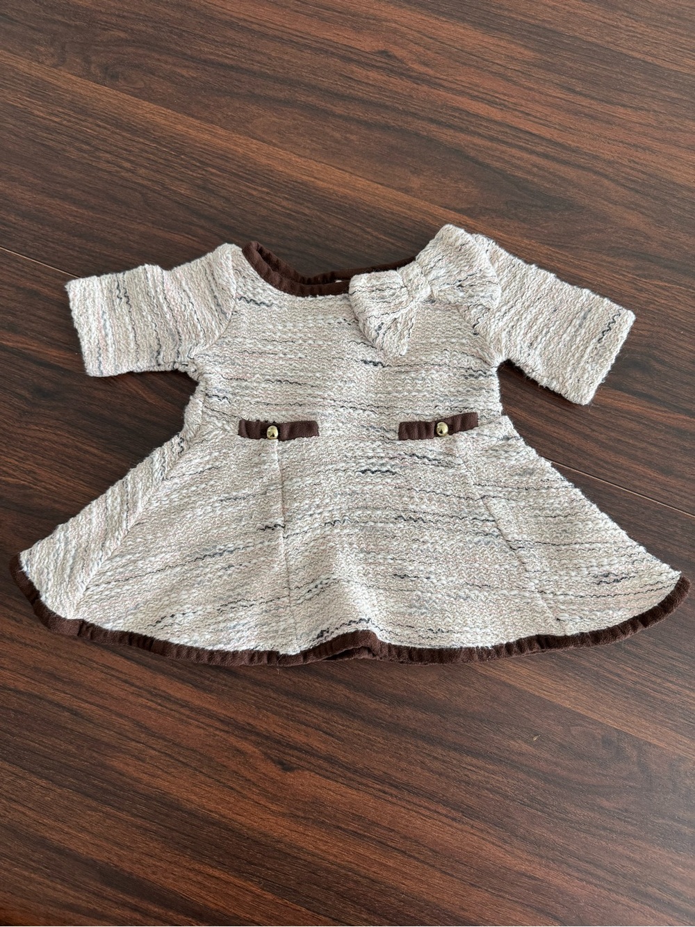 Janie and Jack Cream Knit Dress with Brown Trim and Bow